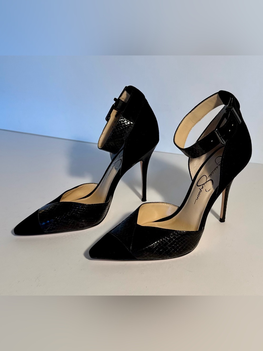 Jessica Simpson Black Pointed Toe Ankle-Strap 4” Stiletto Pumps